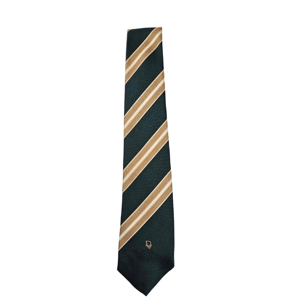 Vintage Christian Dior Dark Green & Gold Split Stripe Neck Tie Men's - Picture 3 of 10